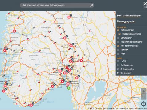 Norjan tieliikennepalvelun kartta.