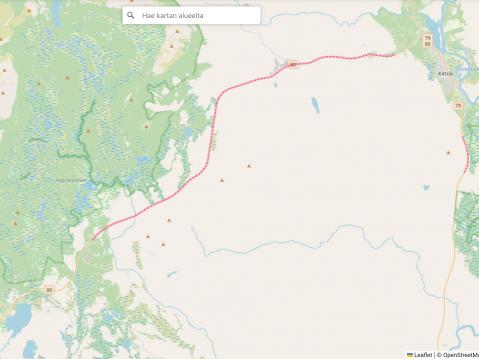 Tietyömaa-alue punaisella katkoviivalla välillä Yllasjärvi-Kittilä, tie 80. Karttapalvelu: Bikenavi.