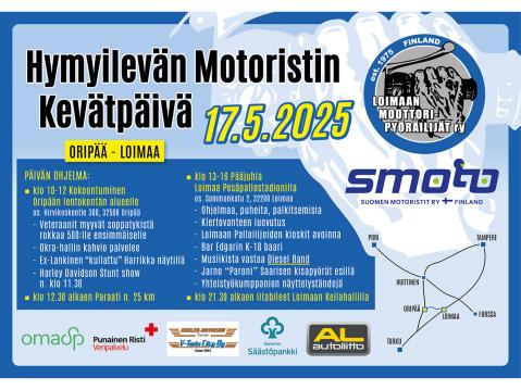 Hymyilevän Motoristin kevätpäivä 2025 järjestetään tänä vuonna Loimaalla 17.5. Järjestäjänä Loimaan Moottoripyöräilijät ry.