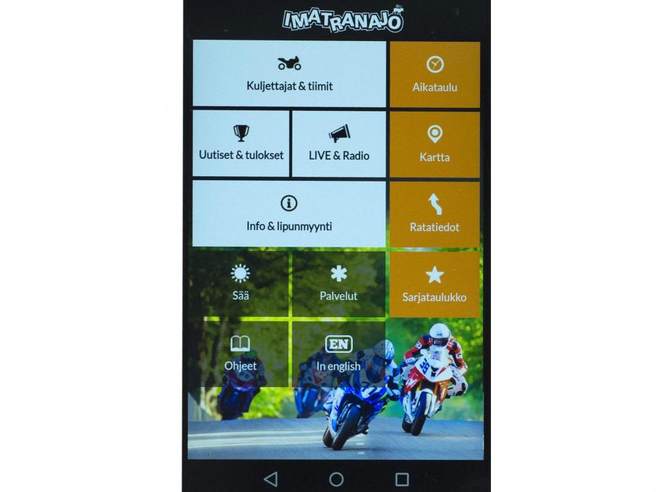 Imatranajon 2017 älypuhelinsovelluksen käyttöliittymä.