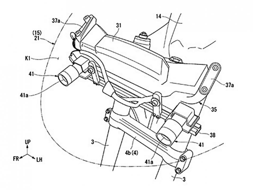 Honda Gold Wingn etuosaa patenttipiirroksessa. Stereokamerat kuvassa numeroilla 41 ja 41a. Kamerat on sijoitettu mahdollisimman kauas toisistaan. Kuva: Morebikes.