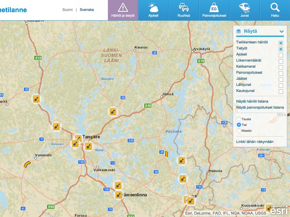 Liikenneviraston Liikennetilanne-palvelu uusittiin viime vuonna. Palvelu tarjoaa erittäin monipuolista tietoa kotimaassa matkaa suunnittelevalle, oli sitten kyse tietöistä, ruuhkista tai kelistä.