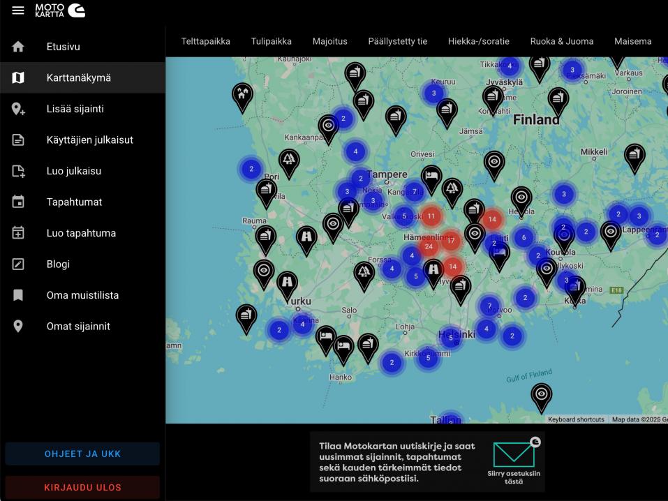 Kuvassa Motokartta.fi:n näyttämiä kiinnostavia kohteita. Värilliset numeroympyrät kertovat, että niitä klikkaamalla löytyy tietoa useammista nähtävyyksistä tai asioista.